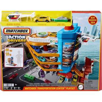 Matchbox Toy Vehicles & Playset, Transportation Center with 5 Levels, Kid- & Car-Activated Features, 1:64 Scale Taxi, Boat & Helicopter & Food Vendor