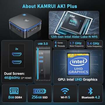 KAMRUI AK1PLUS N95 Mini PC Up to 3.4GHz 8GB RAM 256GB SSD Dual 4K WiFi Ethernet