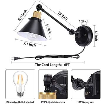 TRLIFE Wall Sconce Plug in, Dimmable Wall Sconces Swing Arm Wall Lights with Plug in Cord, Wall Mounted Light with Dimmer On/Off Knob Switch, UL Listed(2 Pack, 2 Bulbs Included)