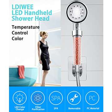 LED Shower Head Color Changing, High Pressure Filter Filtration Shower Head with Handheld for Repair Dry Skin and Hair Loss - Color Changes with Water Temperature, Automatically No Batteries Needed