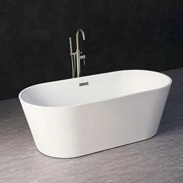 WOODBRIDGE 67" Acrylic Freestanding Bathtub Contemporary Soaking White Tub with Brushed Nickel Overflow and Drain，B-0013