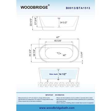 WOODBRIDGE 67" Acrylic Freestanding Bathtub Contemporary Soaking White Tub with Brushed Nickel Overflow and Drain，B-0013