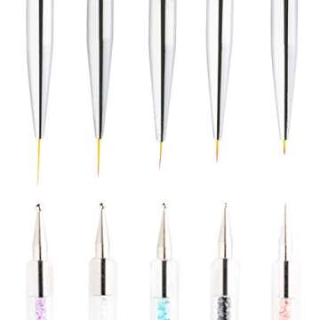 5 Pcs Nail Art Liner Brushes, Owlbbabies Double Ended Painting Nail Design Brush Pen Nail Art Point Drill Drawing Brush Dotting Pen Tools Set Include Liner Brushes and Dotting Pen 5/7/9/11/14mm