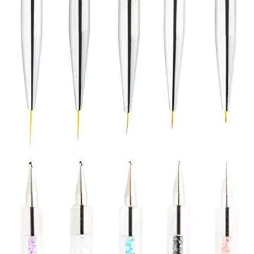 5 Pcs Nail Art Liner Brushes, Owlbbabies Double Ended Painting Nail Design Brush Pen Nail Art Point Drill Drawing Brush Dotting Pen Tools Set Include Liner Brushes and Dotting Pen 5/7/9/11/14mm