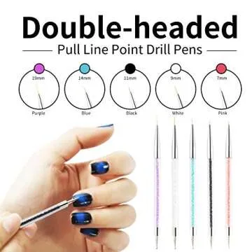 5 Pcs Nail Art Liner Brushes, Owlbbabies Double Ended Painting Nail Design Brush Pen Nail Art Point Drill Drawing Brush Dotting Pen Tools Set Include Liner Brushes and Dotting Pen 5/7/9/11/14mm