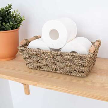 GRANNY SAYS Hand-Woven Medium Storage Baskets with Wooden Handles, Seagrass Wicker Baskets for Organ...