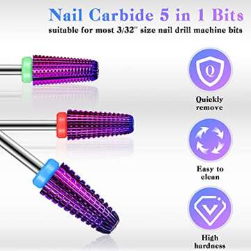 3 Pieces Nail Carbide 5 in 1 Bit, Nail Drill Bits Set-2 Way Rotate Use for both Left to Right Handed, 3/32 Inch Shank Size Drill Machine for Fast Remove Acrylic or Hard Gel (Purple)