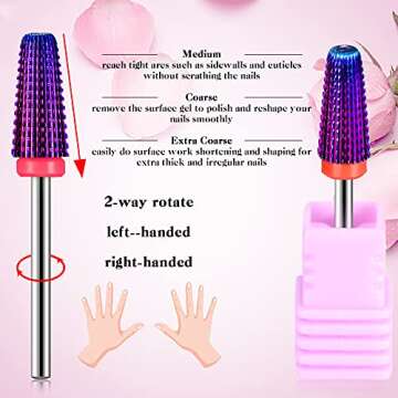 3 Pieces Nail Carbide 5 in 1 Bit, Nail Drill Bits Set-2 Way Rotate Use for both Left to Right Handed, 3/32 Inch Shank Size Drill Machine for Fast Remove Acrylic or Hard Gel (Purple)