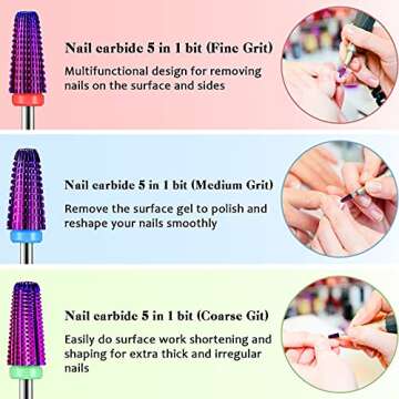 3 Pieces Nail Carbide 5 in 1 Bit, Nail Drill Bits Set-2 Way Rotate Use for both Left to Right Handed, 3/32 Inch Shank Size Drill Machine for Fast Remove Acrylic or Hard Gel (Purple)
