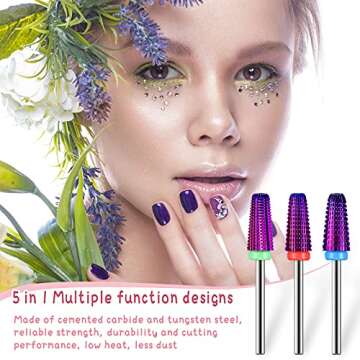 3 Pieces Nail Carbide 5 in 1 Bit, Nail Drill Bits Set-2 Way Rotate Use for both Left to Right Handed, 3/32 Inch Shank Size Drill Machine for Fast Remove Acrylic or Hard Gel (Purple)