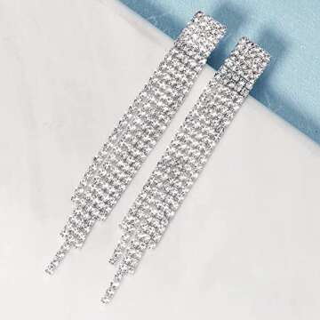 Mlouye Clip on Dangle Earrings for Women, Rhinestone Earring Dangling Long Tassel Crystal Chandelier Drop Earrings for Prom Party Clear Crystal Silver Tone