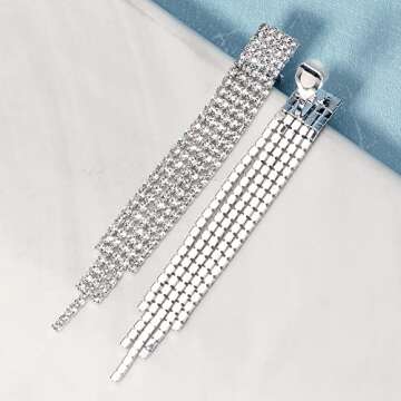 Mlouye Clip on Dangle Earrings for Women, Rhinestone Earring Dangling Long Tassel Crystal Chandelier Drop Earrings for Prom Party Clear Crystal Silver Tone