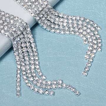 Mlouye Clip on Dangle Earrings for Women, Rhinestone Earring Dangling Long Tassel Crystal Chandelier Drop Earrings for Prom Party Clear Crystal Silver Tone