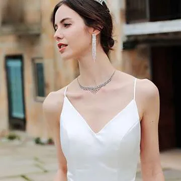 Mlouye Clip on Dangle Earrings for Women, Rhinestone Earring Dangling Long Tassel Crystal Chandelier Drop Earrings for Prom Party Clear Crystal Silver Tone