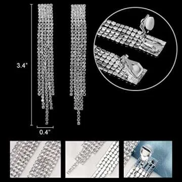 Mlouye Clip on Dangle Earrings for Women, Rhinestone Earring Dangling Long Tassel Crystal Chandelier Drop Earrings for Prom Party Clear Crystal Silver Tone
