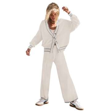 Womens Two Piece Outfits Sweater Sets Open Front Knit Cardigan and Wide Leg Pants Sweatsuit Lounge Sets