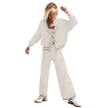 Womens Two Piece Outfits Sweater Sets Open Front Knit Cardigan and Wide Leg Pants Sweatsuit Lounge Sets