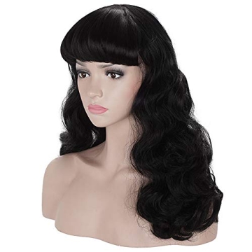 morvally 50s Vintage Medium Length Black Wigs with Bangs | Natural Wavy Synthetic Hair Wig for Women...