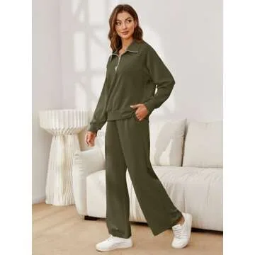 Glamaker Lounge Sets for Women 2 Piece Outfits 2025 Fall Sweatsuit Hoodie Set Oversized Half Zip Sweatshirt Sweatpant Tracksuit Vacation Outfits Army Green M