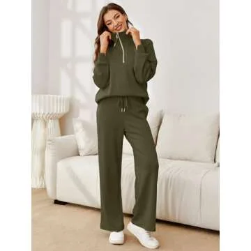 Glamaker Lounge Sets for Women 2 Piece Outfits 2025 Fall Sweatsuit Hoodie Set Oversized Half Zip Sweatshirt Sweatpant Tracksuit Vacation Outfits Army Green M