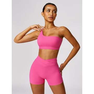 ABOCIW Workout Sets for Women, One Shoulder Sports Bra Backless Workout Crop Tank Top Crossover High Waist Biker Shorts Gym Sets Rose Large