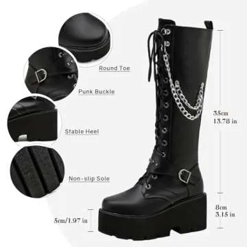 Parisuit Women's Knee High Goth Platform Buckle Boots Chunky High Heel Lace Up Punk Combat Boots with Chain-black size 10