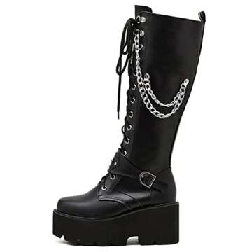 Parisuit Women's Knee High Goth Platform Buckle Boots Chunky High Heel Lace Up Punk Combat Boots with Chain-black size 10
