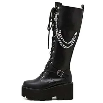 Parisuit Women's Knee High Goth Platform Buckle Boots Chunky High Heel Lace Up Punk Combat Boots with Chain-black size 10