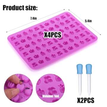 Palksky 4PCS Fruit Snack Molds Silicone, Gummy Molds Trays with Dropper for Candy Chocolate Gummies Baking(Cherries Grape Banana Apple Pineapple)