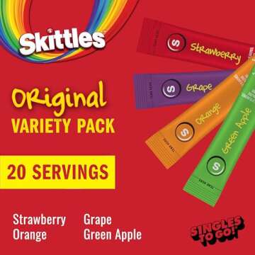 Skittles Singles To Go Variety Pack, Watertok Powdered Drink Mix, Zero Sugar, Low Calorie, Includes 4 Flavors, 1 Box (20 Single Servings) (Fruity)