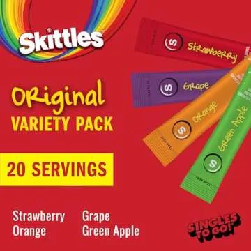 Skittles Singles To Go Variety Pack, Watertok Powdered Drink Mix, Zero Sugar, Low Calorie, Includes 4 Flavors, 1 Box (20 Single Servings) (Fruity)