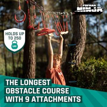 Fofana Ninja Warrior Obstacle Course for Kids – 32-Piece Backyard Playset, 9 Fun Training Obstacles, 65 Ft Slackline Kit Accessories - Outside Line Ninja Kids Toys, Outdoor Play Equipment