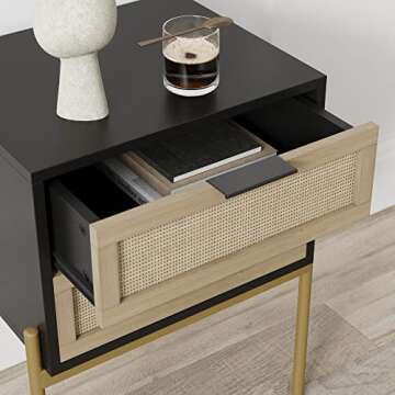 Andrew End, Bedside or Side Table in Matte Black Finish with Two Natural Rattan Drawers Doors for Storage and Brass Gold Accents for Living Room or Bedroom, Black/Cane/Gold, Set of 2