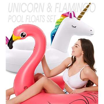 Inflatable Unicorn Flamingo Pool Floats - Jasonwell 2 Pack Pool Floaties Inflatables Rafts for Swimming Pool Tubes for Floating Lake Beach Floaty Swim Rings Pool Party Toys for Adults Kids