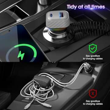 Car Charger 60W Super Fast Charging, QC3.0 USB C Car Phone Charger with 3.2ft PD 30W Type C Cable, 3 in 1 Car Adapter for iPhone 16/15/14/13Pro Max Plus Samsung Galaxy Google Pixel/Android Grey