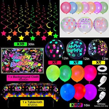 Winrayk Glow in the Dark Neon Birthday Party Decorations, Neon Balloon Arch Kit with Backdrop Tablec...