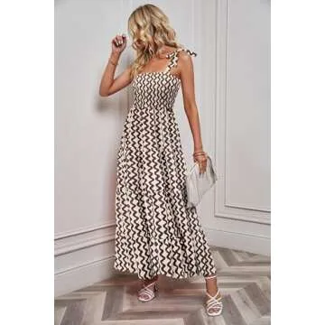 kinstell Women's Summer Boho Spaghetti Strap Square Neck Ruffle Casual Flowy Long Dress Beach Swing Party Maxi Dress H-Ivory
