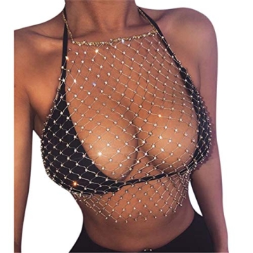 Women Sexy Glitter Rhinestone Halter Tank Top Shiny Fishnet Mesh Crop Top Rave Outfit See Through Ca...