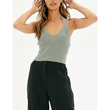 Meladyan Women V Neck Halter Tops - Stylish Backless Crop Tank