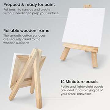 ARTEZA Mini Canvases for Painting, 3x3 Inches, Pack of 14 with Easels