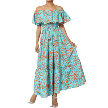 TheMogan Women's Ruffle Off Shoulder Tiered A-Line Long Maxi Dress Casual Summer Turquoise S