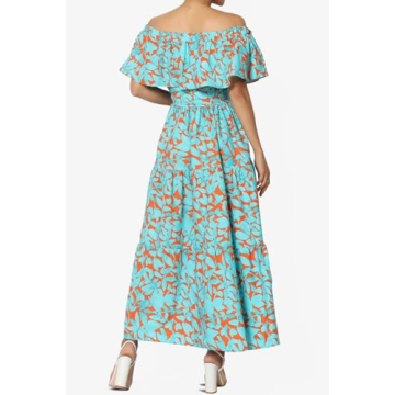 TheMogan Women's Ruffle Off Shoulder Tiered A-Line Long Maxi Dress Casual Summer Turquoise S