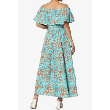 TheMogan Women's Ruffle Off Shoulder Tiered A-Line Long Maxi Dress Casual Summer Turquoise S