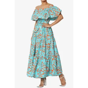 TheMogan Women's Ruffle Off Shoulder Tiered A-Line Long Maxi Dress Casual Summer Turquoise S