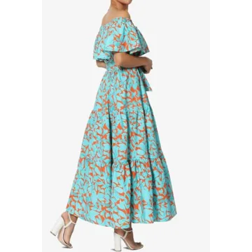 TheMogan Women's Ruffle Off Shoulder Tiered A-Line Long Maxi Dress Casual Summer Turquoise S