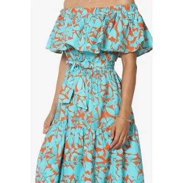 TheMogan Women's Ruffle Off Shoulder Tiered A-Line Long Maxi Dress Casual Summer Turquoise S