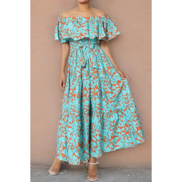 TheMogan Women's Ruffle Off Shoulder Tiered A-Line Long Maxi Dress Casual Summer Turquoise S