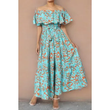 TheMogan Women's Ruffle Off Shoulder Tiered A-Line Long Maxi Dress Casual Summer Turquoise S