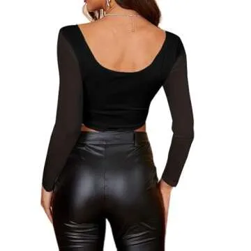Long Sleeve Going Out Top Square Neck Sexy Mesh Shirt Asymmetrical Crop Tops Black X02 X-Large