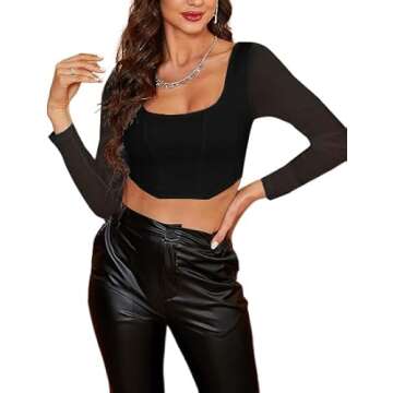 Long Sleeve Going Out Top Square Neck Sexy Mesh Shirt Asymmetrical Crop Tops Black X02 X-Large
